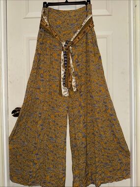 Boho Wide-Leg Mustard Floral Palazzo Pants with Tie Detail